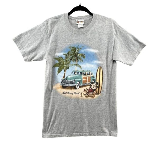 Vintage Mickey Mouse Surf Station Wagon Disneyland Shirt Gray Size Small Tee - Picture 1 of 15